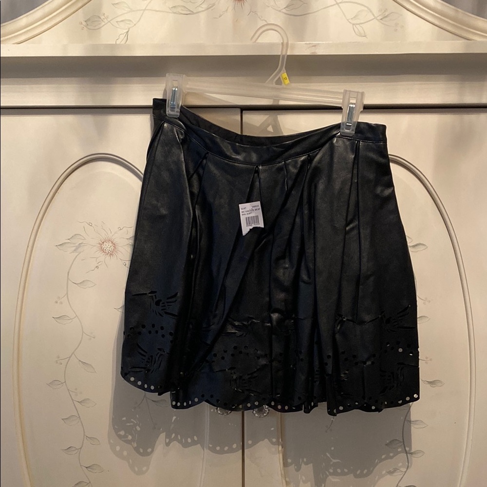 Connection 18 Black vegan leather Mini Skater Skirt with Pleated Embellishments